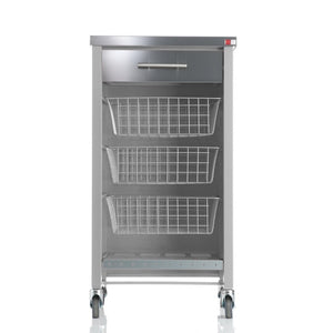 Carrello da cucina CHELSEA con ruote – Piano in acciaio inox, 3 cestelli, cassetto e portabottiglie
