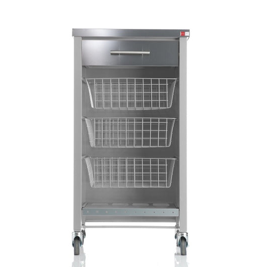 Carrello da cucina CHELSEA con ruote – Piano in acciaio inox, 3 cestelli, cassetto e portabottiglie