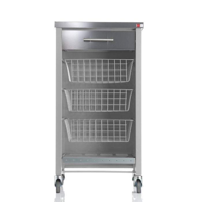 Carrello da cucina CHELSEA con ruote – Piano in acciaio inox, 3 cestelli, cassetto e portabottiglie