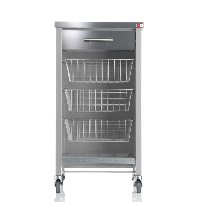Carrello da cucina CHELSEA con ruote – Piano in acciaio inox, 3 cestelli, cassetto e portabottiglie
