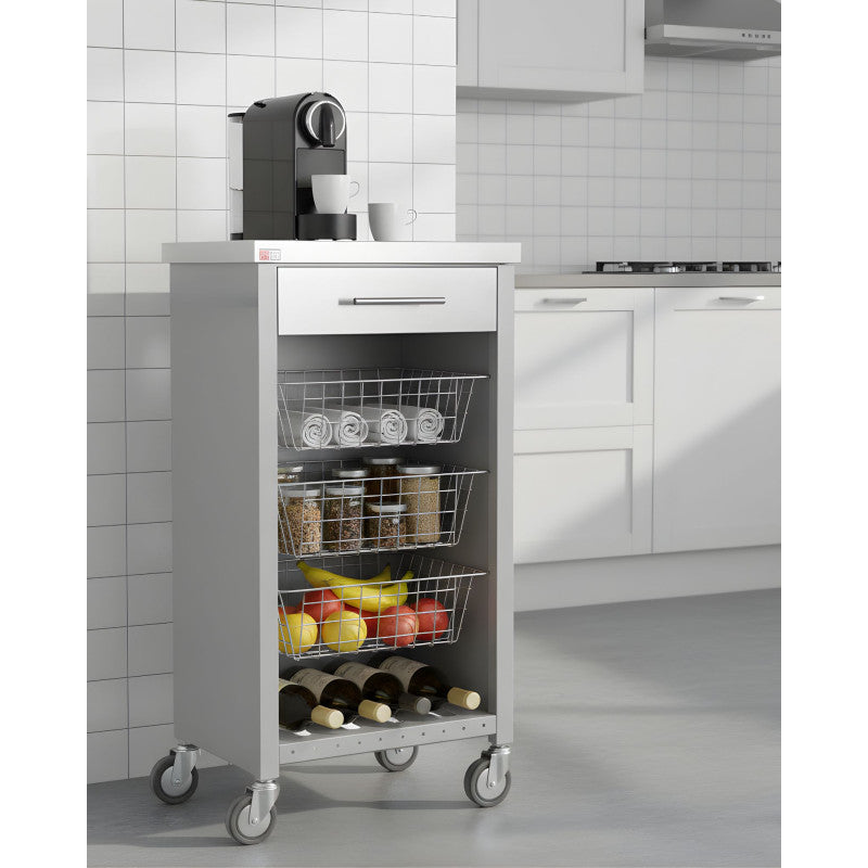 Carrello da cucina CHELSEA con ruote – Piano in acciaio inox, 3 cestelli, cassetto e portabottiglie