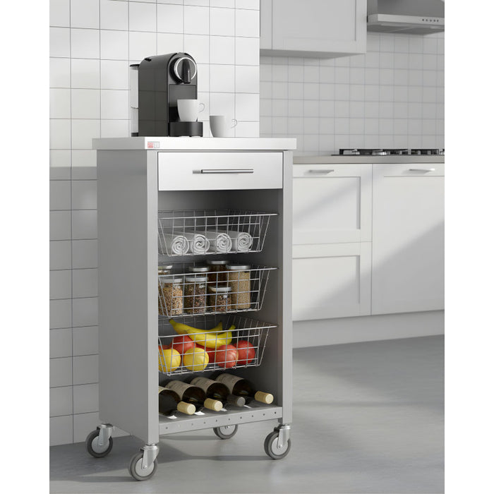 Carrello da cucina CHELSEA con ruote – Piano in acciaio inox, 3 cestelli, cassetto e portabottiglie