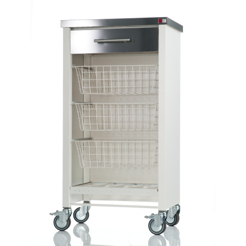 Carrello da cucina CHELSEA con ruote – Piano in acciaio inox, 3 cestelli, cassetto e portabottiglie