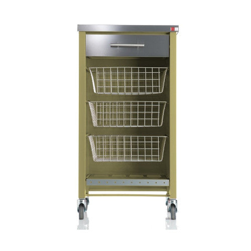Carrello da cucina CHELSEA con ruote – Piano in acciaio inox, 3 cestelli, cassetto e portabottiglie