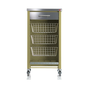 Carrello da cucina CHELSEA con ruote – Piano in acciaio inox, 3 cestelli, cassetto e portabottiglie