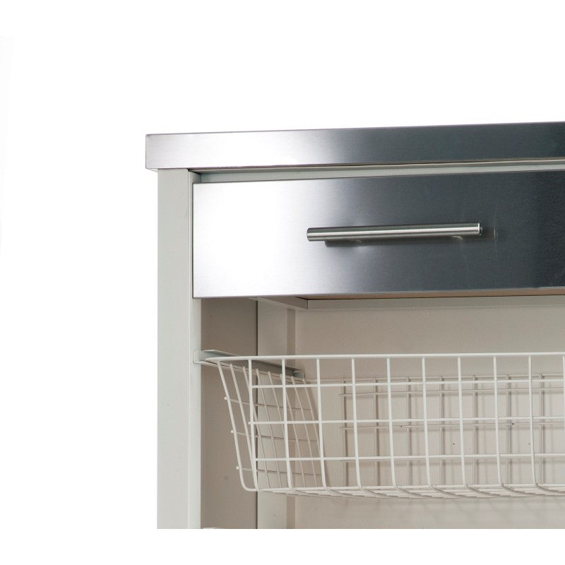 Carrello da cucina CHELSEA con ruote – Piano in acciaio inox, 3 cestelli, cassetto e portabottiglie