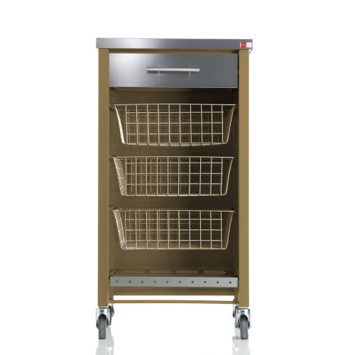 Carrello da cucina CHELSEA con ruote – Piano in acciaio inox, 3 cestelli, cassetto e portabottiglie