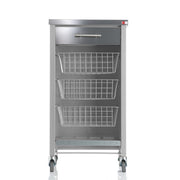 Carrello da cucina CHELSEA con ruote – Piano in acciaio inox, 3 cestelli, cassetto e portabottiglie