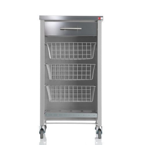 Carrello da cucina CHELSEA con ruote – Piano in acciaio inox, 3 cestelli, cassetto e portabottiglie