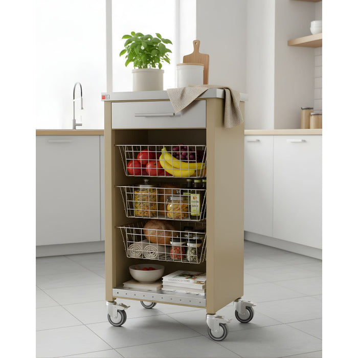 Carrello da cucina CHELSEA con ruote – Piano in acciaio inox, 3 cestelli, cassetto e portabottiglie