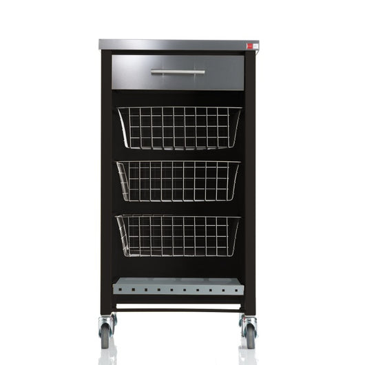 Carrello da cucina CHELSEA con ruote – Piano in acciaio inox, 3 cestelli, cassetto e portabottiglie