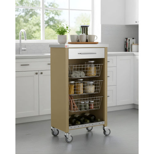 Carrello da cucina CHELSEA con ruote – Piano in acciaio inox, 3 cestelli, cassetto e portabottiglie