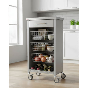 Carrello da cucina CHELSEA con ruote – Piano in acciaio inox, 3 cestelli, cassetto e portabottiglie