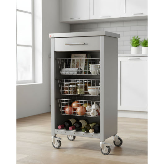 Carrello da cucina CHELSEA con ruote – Piano in acciaio inox, 3 cestelli, cassetto e portabottiglie