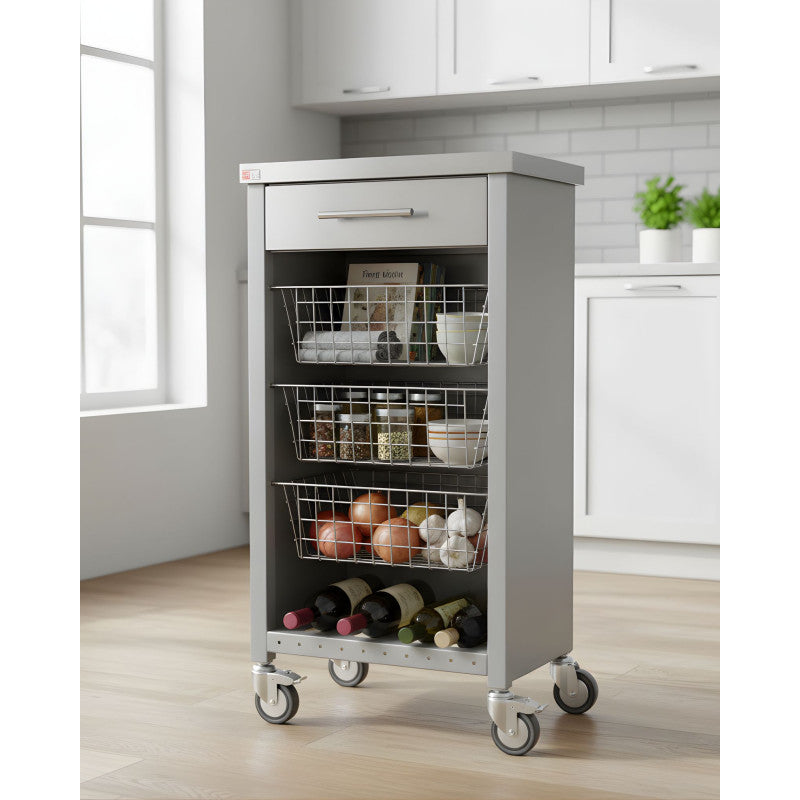 Carrello da cucina CHELSEA con ruote – Piano in acciaio inox, 3 cestelli, cassetto e portabottiglie