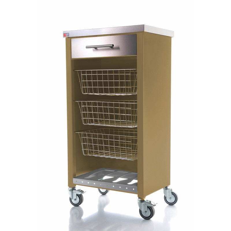 Carrello da cucina CHELSEA con ruote – Piano in acciaio inox, 3 cestelli, cassetto e portabottiglie