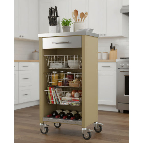 Carrello da cucina CHELSEA con ruote – Piano in acciaio inox, 3 cestelli, cassetto e portabottiglie