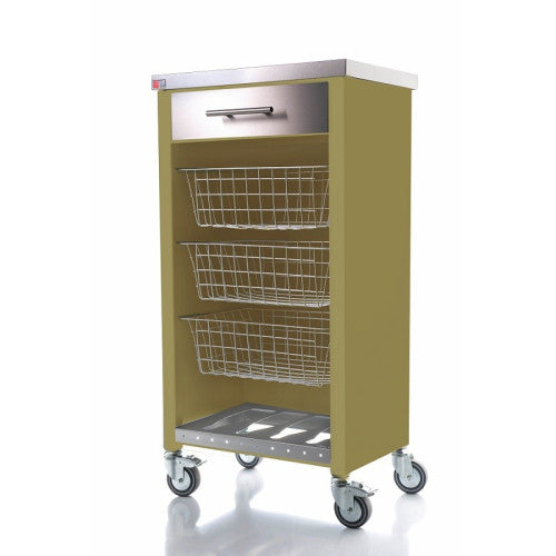 Carrello da cucina CHELSEA con ruote – Piano in acciaio inox, 3 cestelli, cassetto e portabottiglie