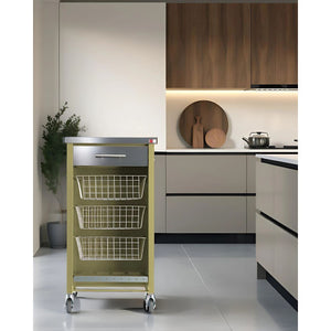 Carrello da cucina CHELSEA con ruote – Piano in acciaio inox, 3 cestelli, cassetto e portabottiglie