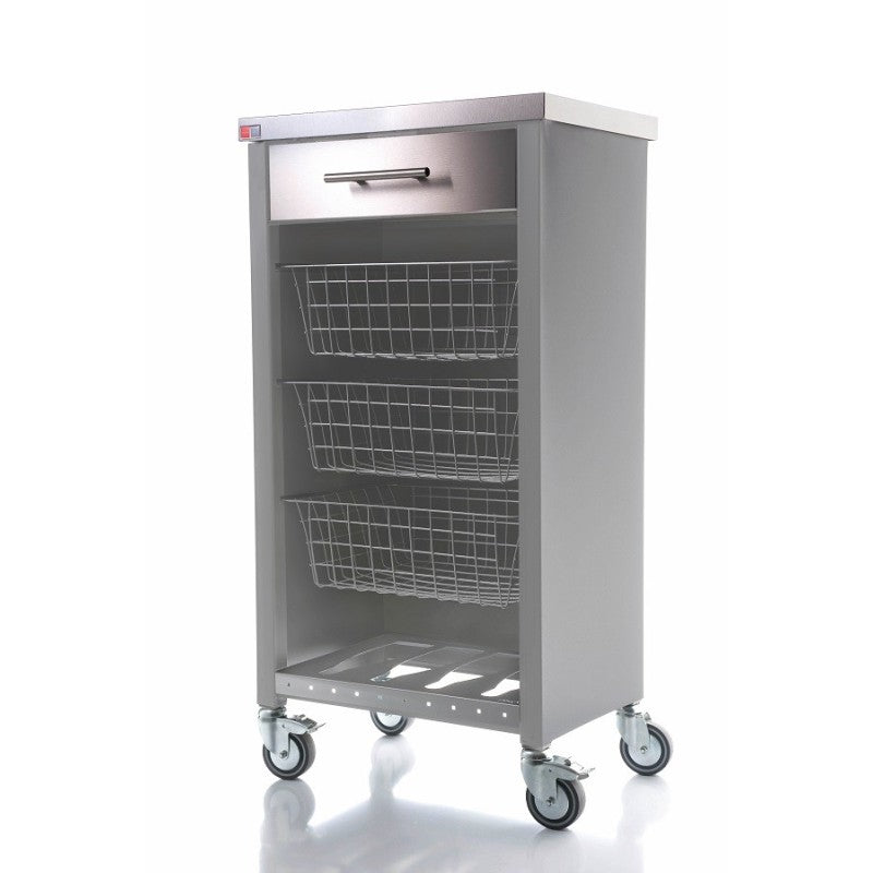 Carrello da cucina CHELSEA con ruote – Piano in acciaio inox, 3 cestelli, cassetto e portabottiglie