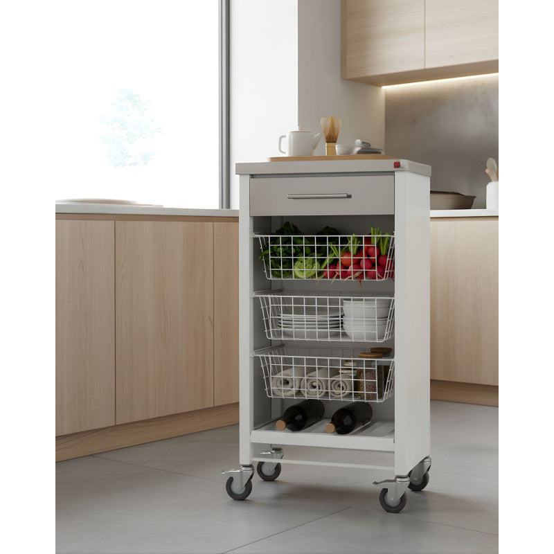 Carrello da cucina CHELSEA con ruote – Piano in acciaio inox, 3 cestelli, cassetto e portabottiglie