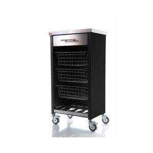 Carrello da cucina CHELSEA con ruote – Piano in acciaio inox, 3 cestelli, cassetto e portabottiglie
