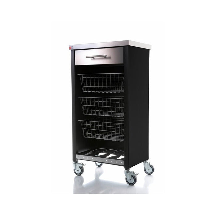 Carrello da cucina CHELSEA con ruote – Piano in acciaio inox, 3 cestelli, cassetto e portabottiglie