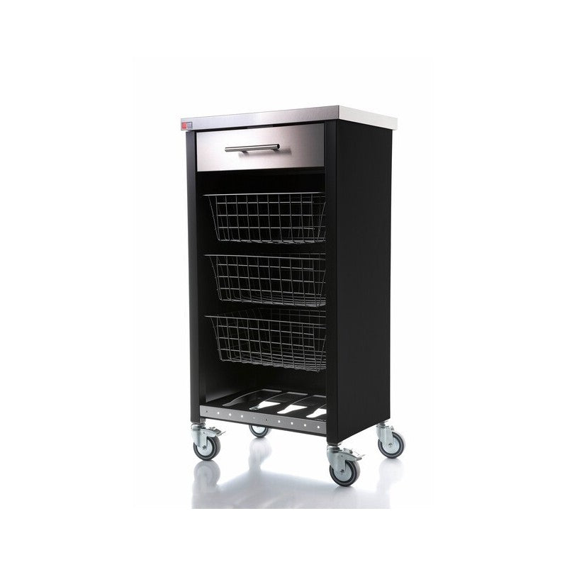 Carrello da cucina CHELSEA con ruote – Piano in acciaio inox, 3 cestelli, cassetto e portabottiglie