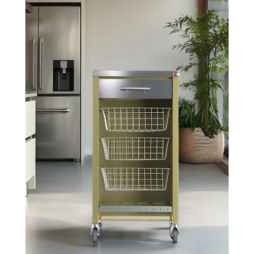 Carrello da cucina CHELSEA con ruote – Piano in acciaio inox, 3 cestelli, cassetto e portabottiglie