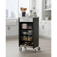 Carrello da cucina CHELSEA con ruote – Piano in acciaio inox, 3 cestelli, cassetto e portabottiglie