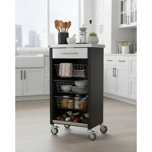 Carrello da cucina CHELSEA con ruote – Piano in acciaio inox, 3 cestelli, cassetto e portabottiglie