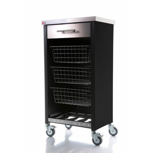 Carrello da cucina CHELSEA con ruote – Piano in acciaio inox, 3 cestelli, cassetto e portabottiglie
