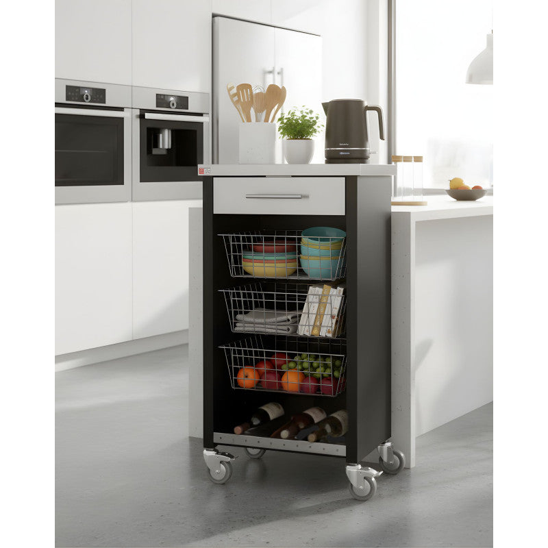 Carrello da cucina CHELSEA con ruote – Piano in acciaio inox, 3 cestelli, cassetto e portabottiglie