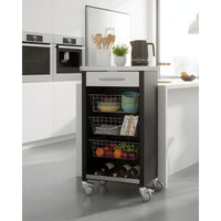 Carrello da cucina CHELSEA con ruote – Piano in acciaio inox, 3 cestelli, cassetto e portabottiglie