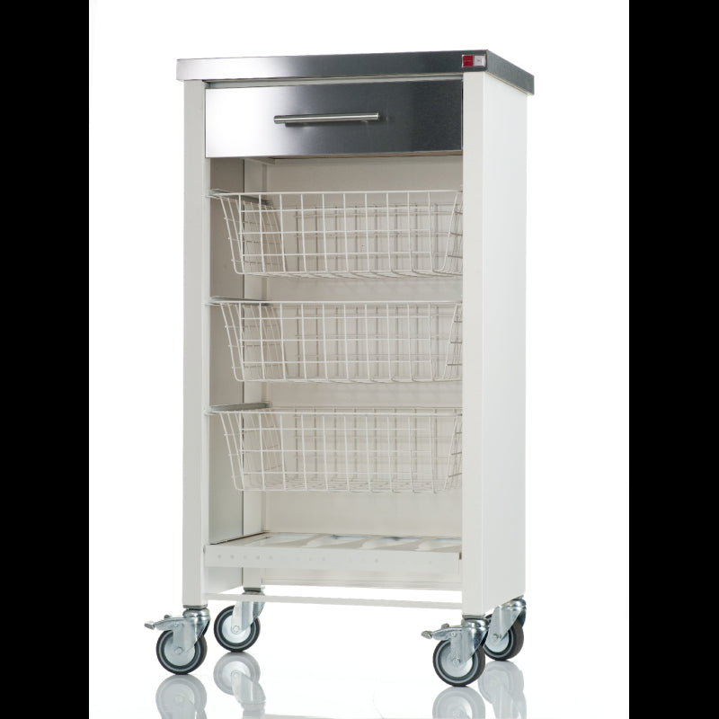 Carrello da cucina CHELSEA con ruote – Piano in acciaio inox, 3 cestelli, cassetto e portabottiglie