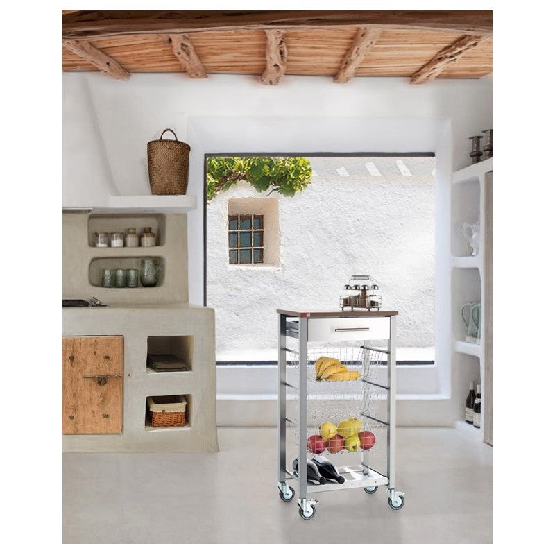 Carrello da cucina con ruote con piano color Ciliegio, ONDA ALUMINIUM
