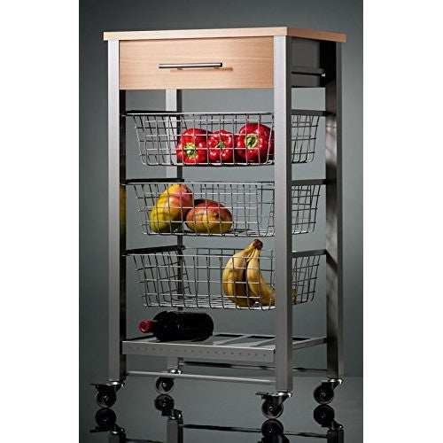 Carrello da cucina Diana con 3 cestelli estraibili, cassetto e portabottiglie – mobile ausiliario con ruote colore inox e faggio