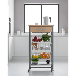 Carrello da cucina Diana con 3 cestelli estraibili, cassetto e portabottiglie – mobile ausiliario con ruote colore inox e faggio