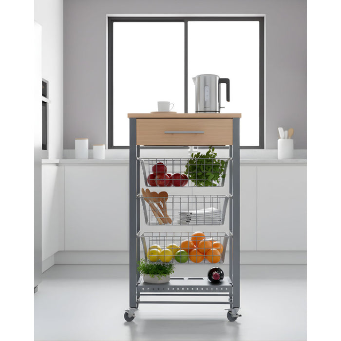Carrello da cucina Diana con 3 cestelli estraibili, cassetto e portabottiglie – mobile ausiliario con ruote colore inox e faggio