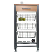 Carrello da cucina Diana con 3 cestelli estraibili, cassetto e portabottiglie – mobile ausiliario con ruote colore inox e faggio
