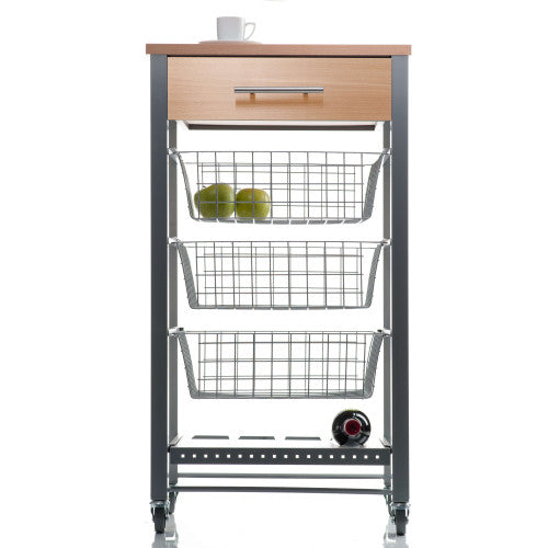 Carrello da cucina Diana con 3 cestelli estraibili, cassetto e portabottiglie – mobile ausiliario con ruote colore inox e faggio