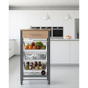Carrello da cucina Diana con 3 cestelli estraibili, cassetto e portabottiglie – mobile ausiliario con ruote colore inox e faggio