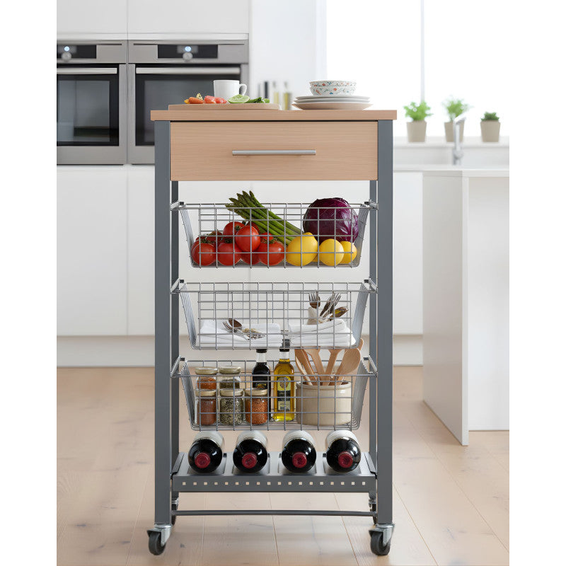 Carrello da cucina Diana con 3 cestelli estraibili, cassetto e portabottiglie – mobile ausiliario con ruote colore inox e faggio
