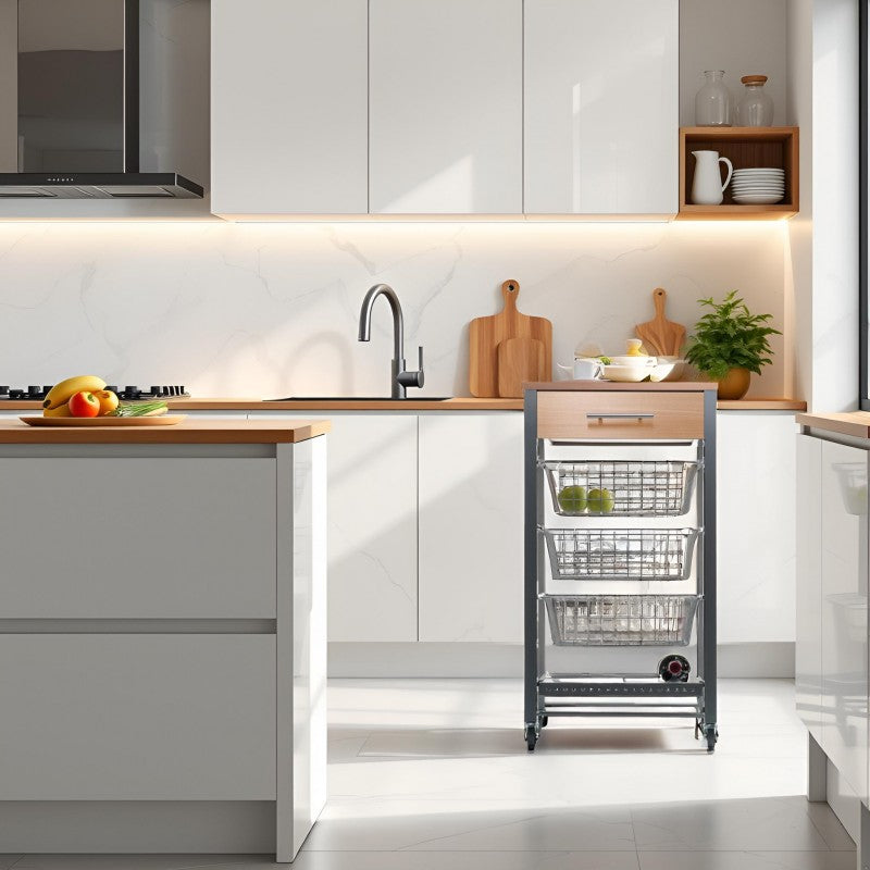 Carrello da cucina Diana con 3 cestelli estraibili, cassetto e portabottiglie – mobile ausiliario con ruote colore inox e faggio