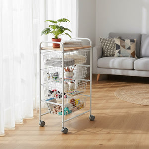 Carrello da Cucina FIESTA con 4 Cestelli Estraibili – Mobile Ausiliario Multiuso, Bianco e Faggio