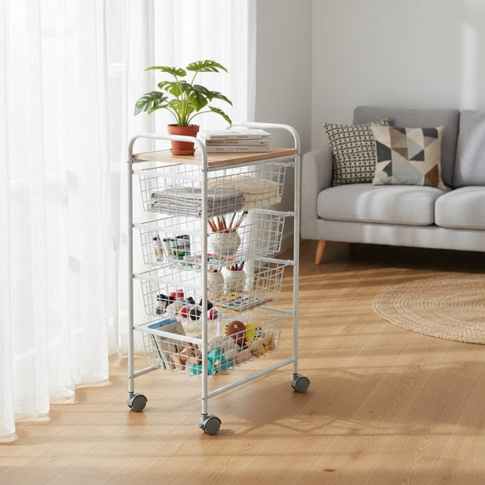 Carrello da Cucina FIESTA con 4 Cestelli Estraibili – Mobile Ausiliario Multiuso, Bianco e Faggio