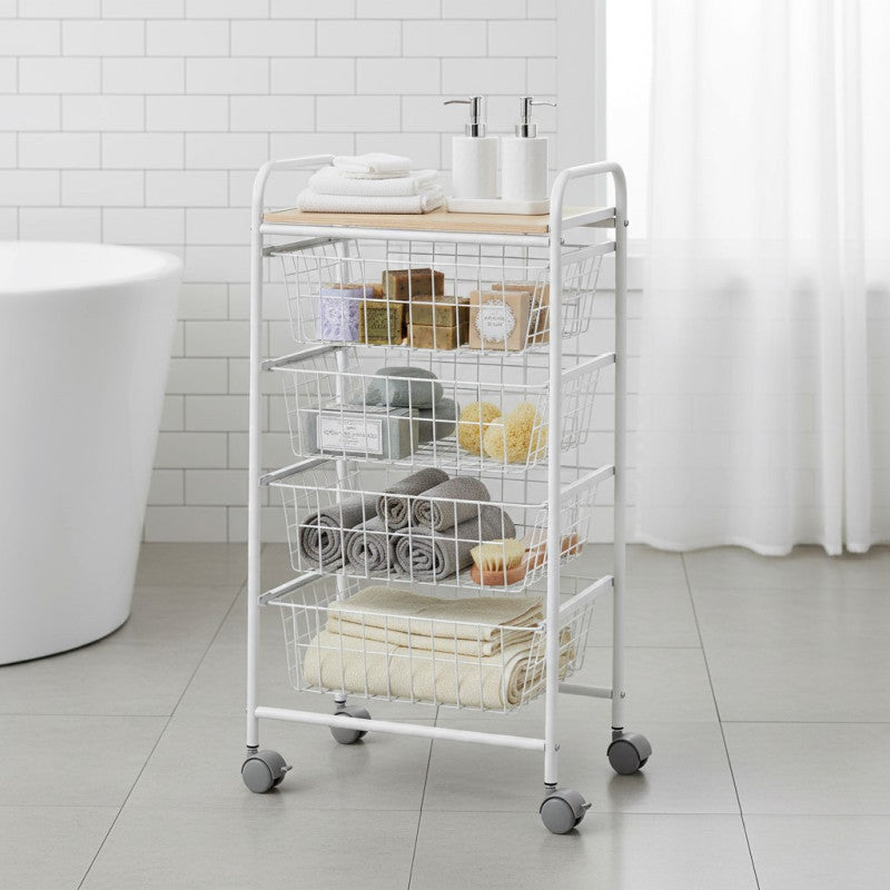 Carrello da Cucina FIESTA con 4 Cestelli Estraibili – Mobile Ausiliario Multiuso, Bianco e Faggio