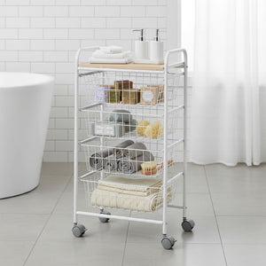 Carrello da Cucina FIESTA con 4 Cestelli Estraibili – Mobile Ausiliario Multiuso, Bianco e Faggio