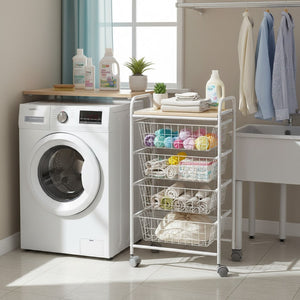 Carrello da Cucina FIESTA con 4 Cestelli Estraibili – Mobile Ausiliario Multiuso, Bianco e Faggio