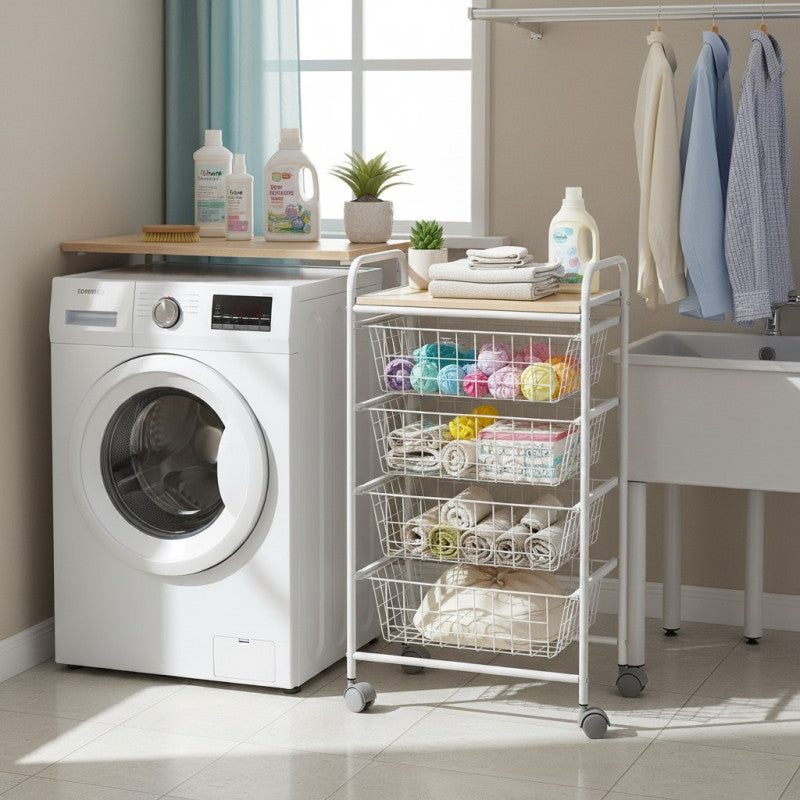 Carrello da Cucina FIESTA con 4 Cestelli Estraibili – Mobile Ausiliario Multiuso, Bianco e Faggio